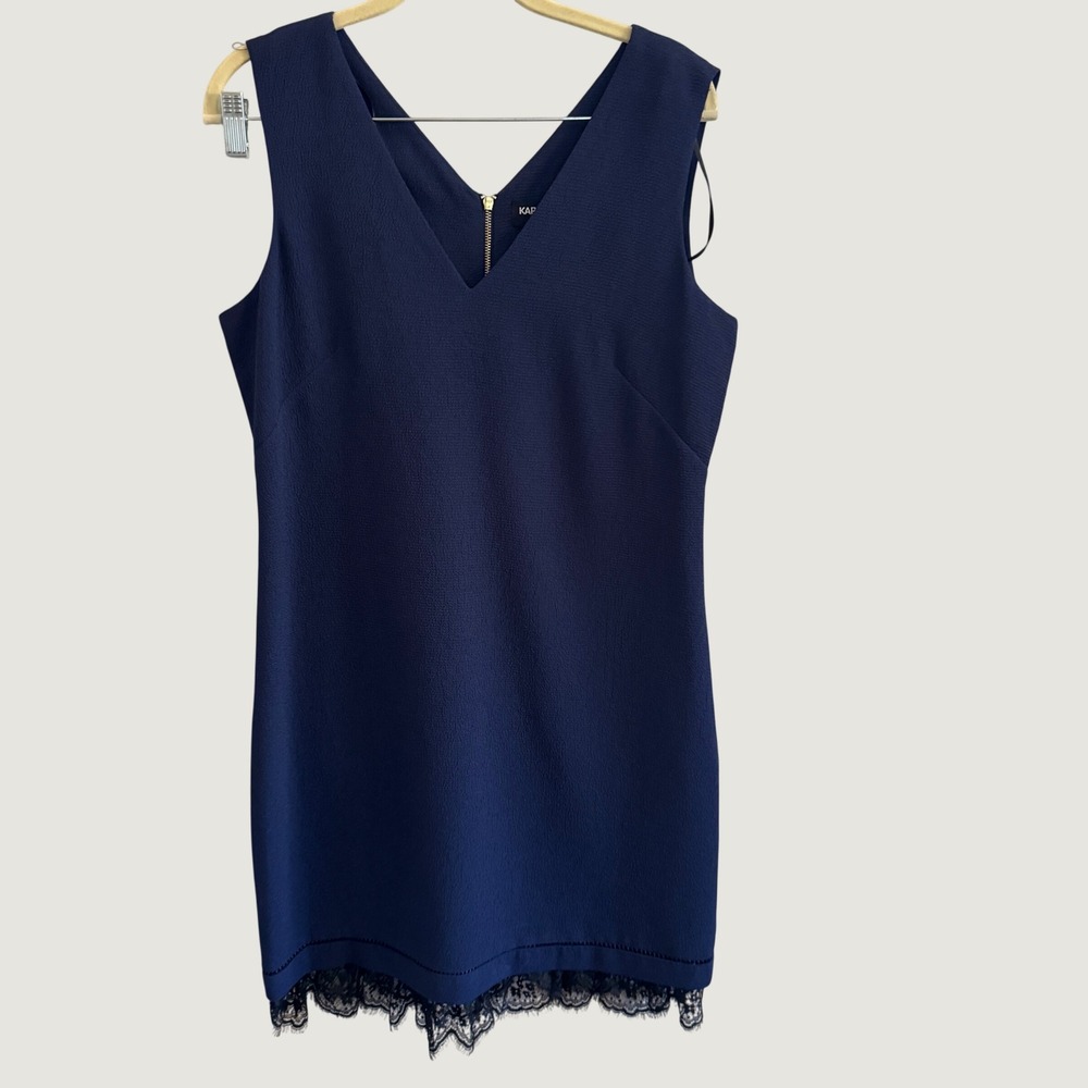 Karl Lagerfeld Paris Navy Blue Lace Trim V-Neck Sheath Dress Size 10